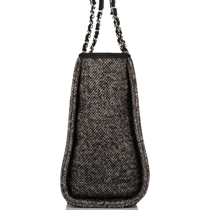 Chanel Small Deauville Shopping Bag Black Wool Silver Hardware