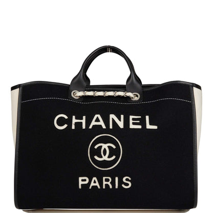 Chanel Large Deauville Shopping Bag Black And White Wool Silver Hardware