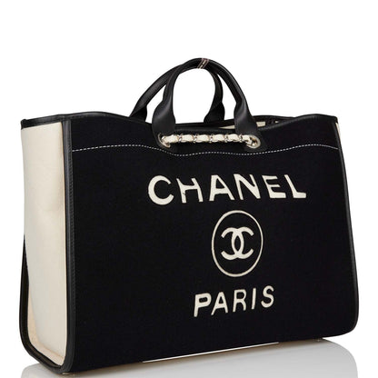 Chanel Large Deauville Shopping Bag Black And White Wool Silver Hardware