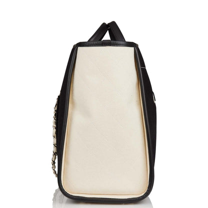 Chanel Large Deauville Shopping Bag Black And White Wool Silver Hardware