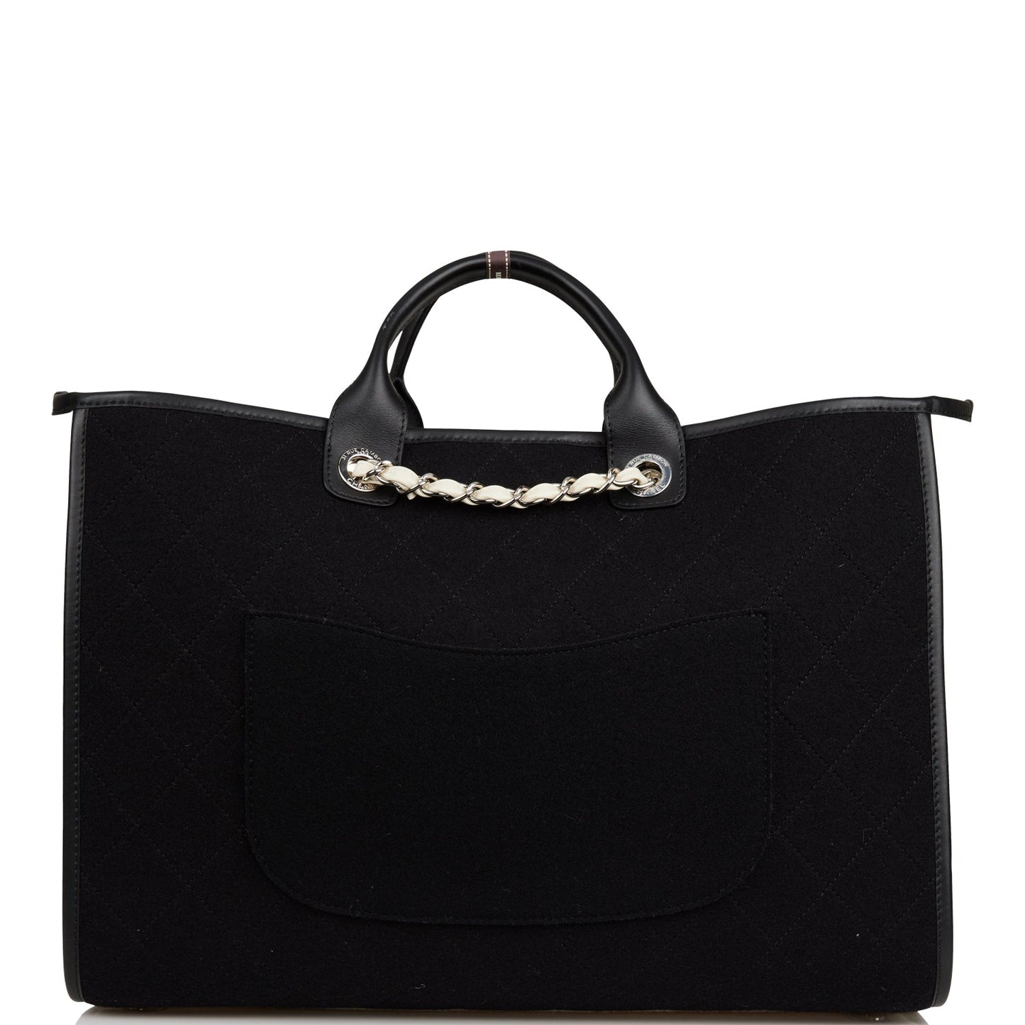 Chanel Large Deauville Shopping Bag Black And White Wool Silver Hardware