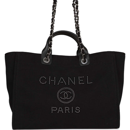 Chanel Large Deauville Shopping Bag Imitation Pearl And Black Canvas Silver Hardware