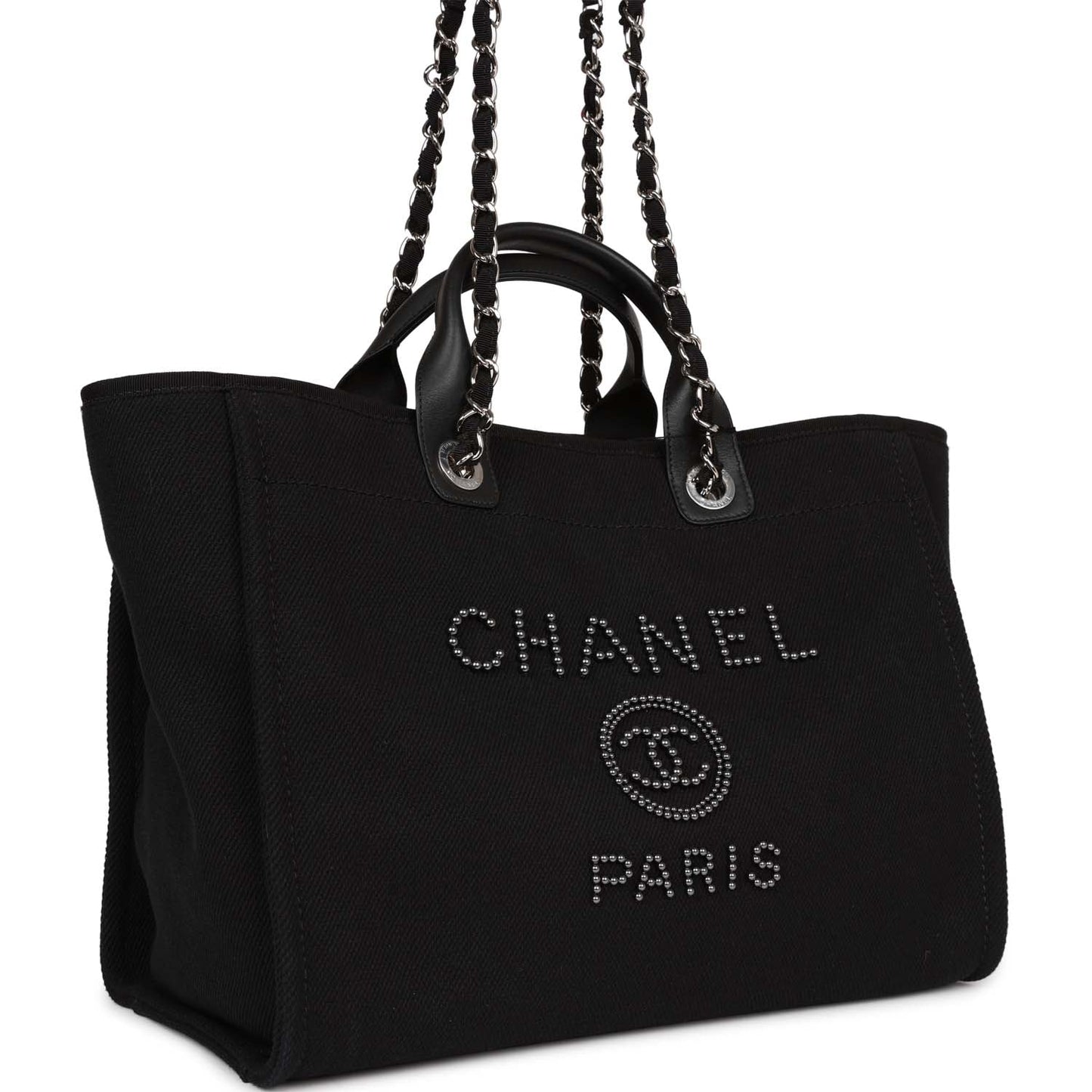 Chanel Large Deauville Shopping Bag Imitation Pearl And Black Canvas Silver Hardware