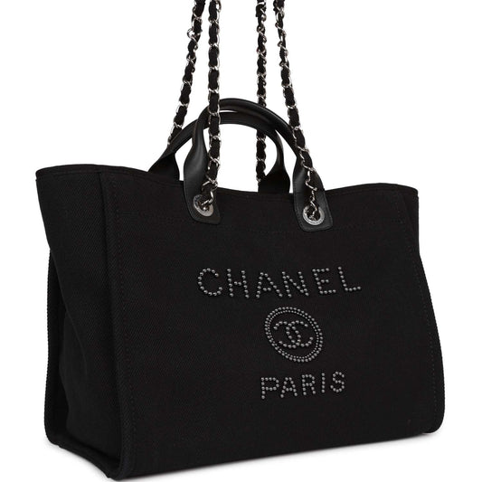 Chanel Large Deauville Shopping Bag Imitation Pearl And Black Canvas Silver Hardware