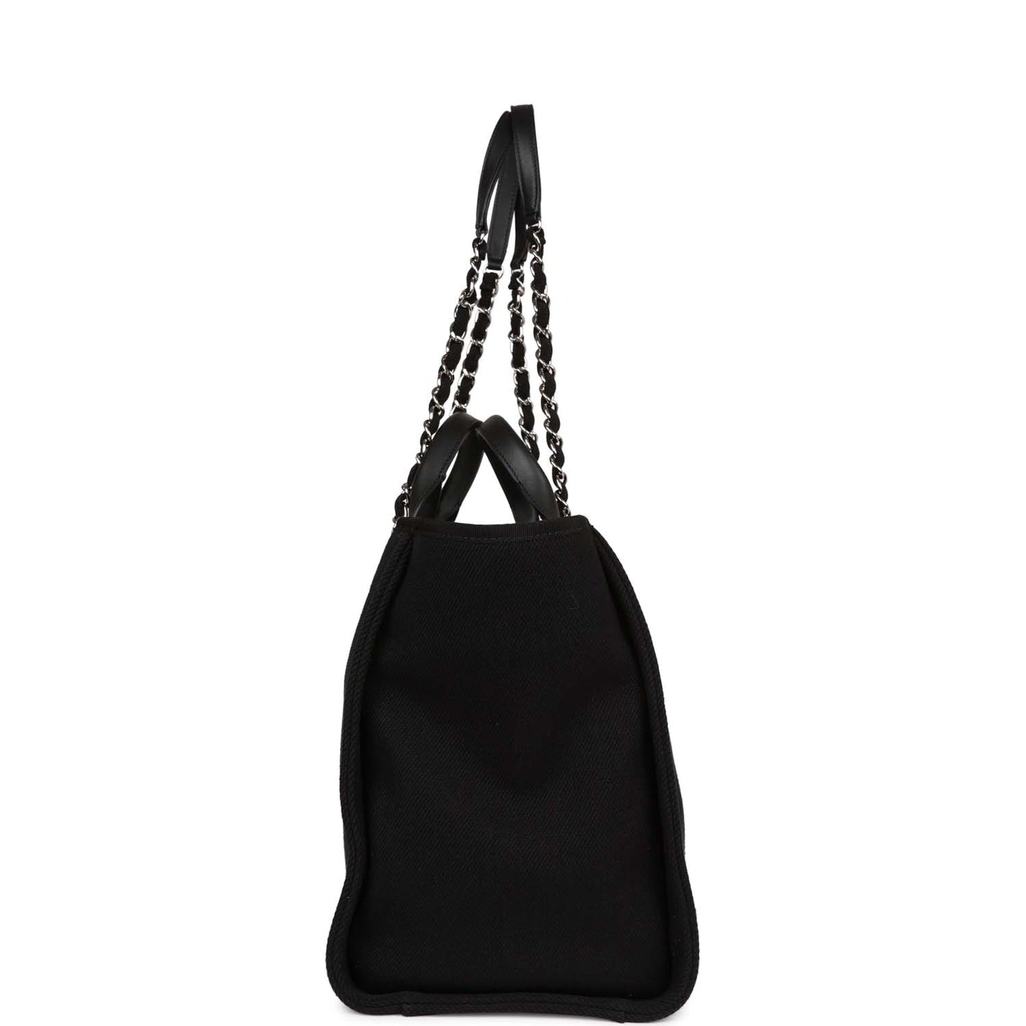 Chanel Large Deauville Shopping Bag Imitation Pearl And Black Canvas Silver Hardware
