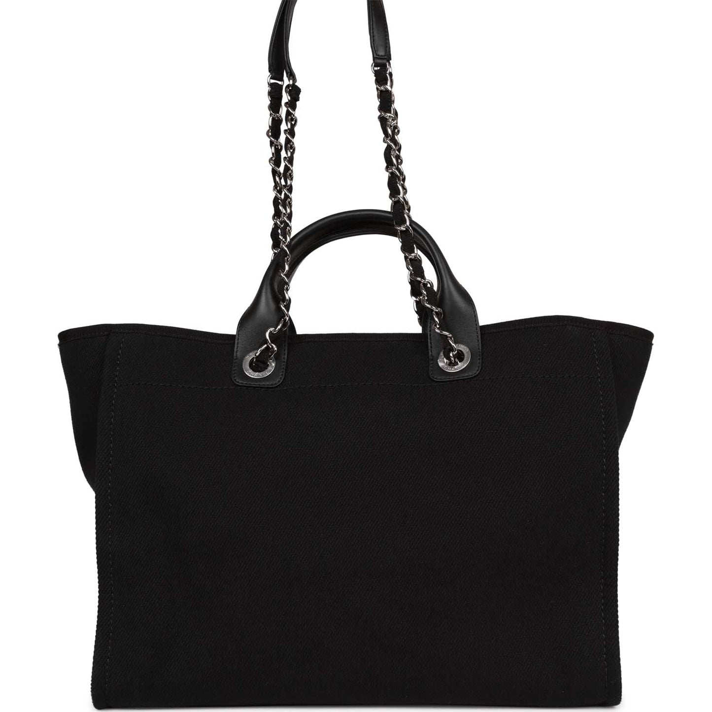 Chanel Large Deauville Shopping Bag Imitation Pearl And Black Canvas Silver Hardware