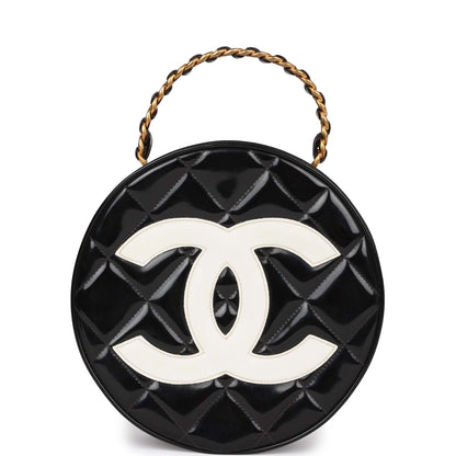 Chanel Round Vanity Bag Black And White Patent Leather Antique Gold Hardware