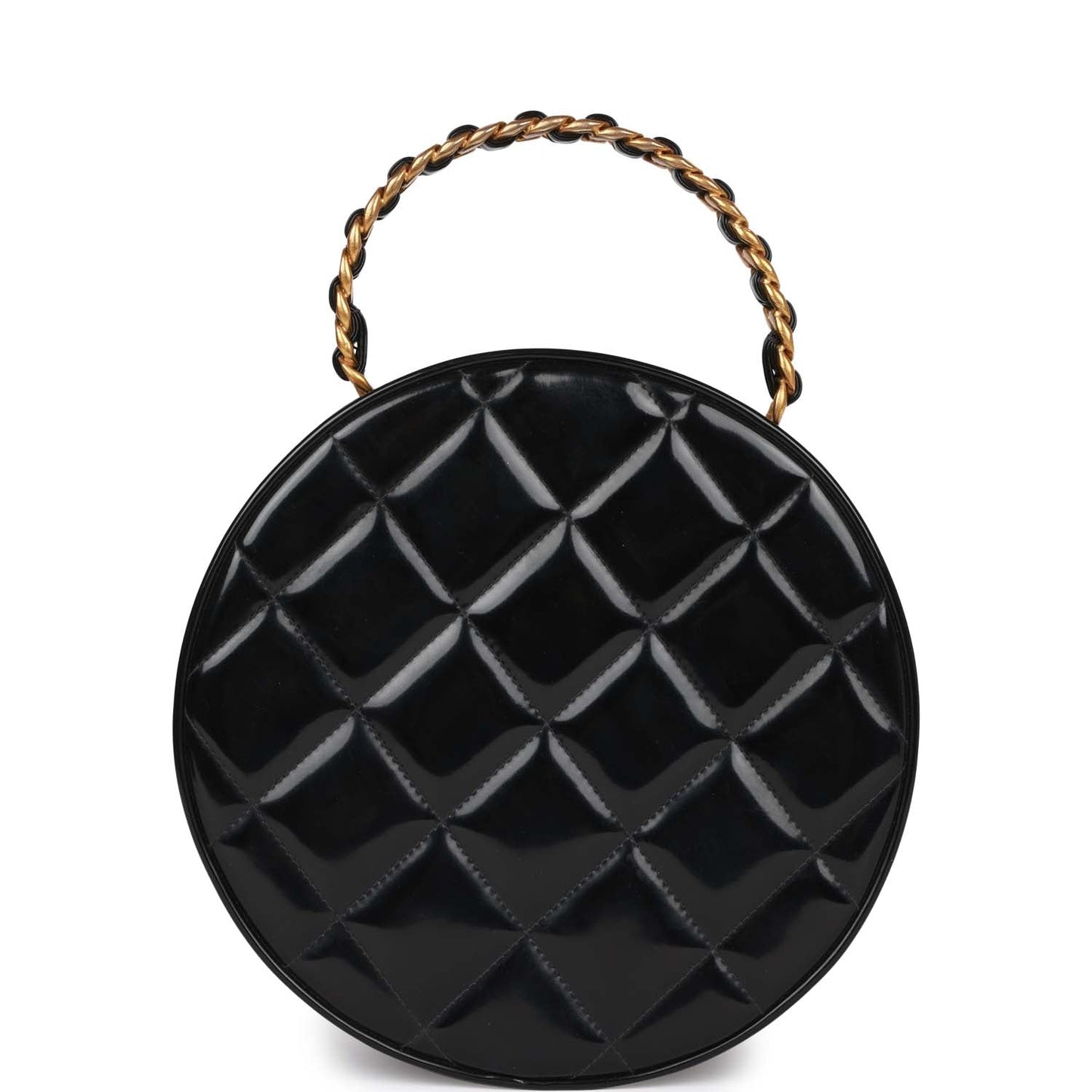 Chanel Round Vanity Bag Black And White Patent Leather Antique Gold Hardware