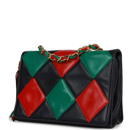 Chanel Harlequin Flap Bag Green Red And Blue Lambskin Gold Hardware