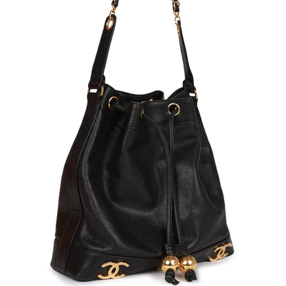 Chanel Cc Bucket Bag Black Caviar Gold Hardware