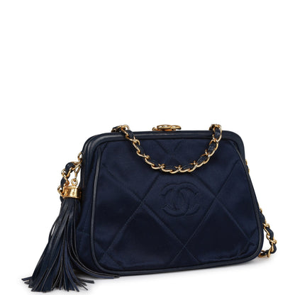 Chanel Frame Tassel Bag Navy Satin Gold Hardware