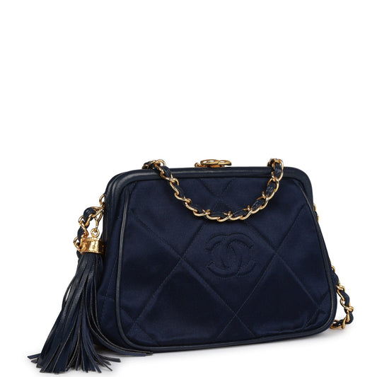 Chanel Frame Tassel Bag Navy Satin Gold Hardware