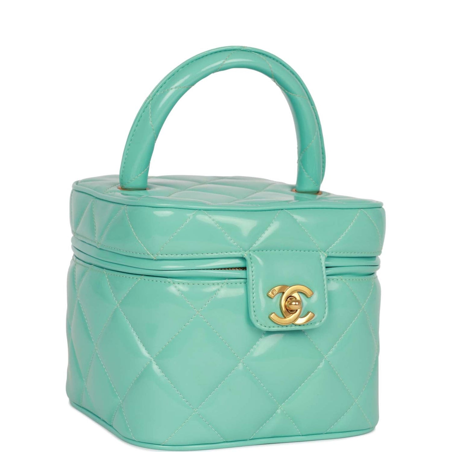 Chanel Vanity Heart Mirror Bag Turquoise Patent Gold Hardware