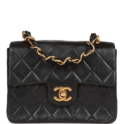 Chanel Mini Flap Chain Handle Bag Black Lambskin Gold Hardware