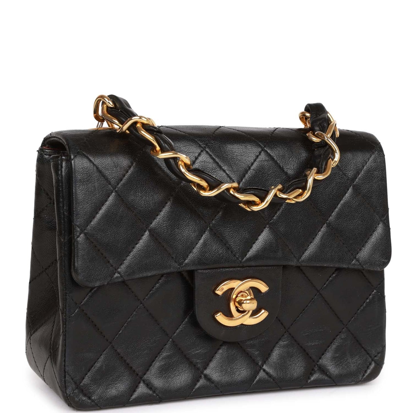 Chanel Mini Flap Chain Handle Bag Black Lambskin Gold Hardware
