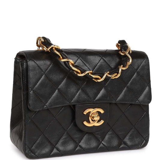 Chanel Mini Flap Chain Handle Bag Black Lambskin Gold Hardware