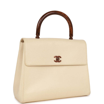 Chanel Wood Top Handle Kelly Ivory Caviar