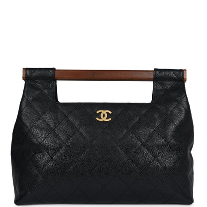 Chanel Wood Top Handle Bag Black Caviar Gold Hardware