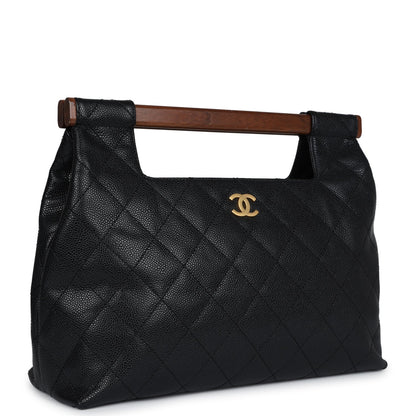 Chanel Wood Top Handle Bag Black Caviar Gold Hardware