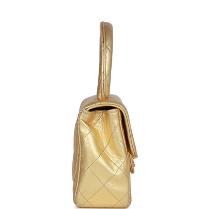 Chanel Mini Top Handle Kelly Child Flap Bag Gold Metallic Lambskin Gold Hardware