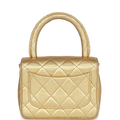 Chanel Mini Top Handle Kelly Child Flap Bag Gold Metallic Lambskin Gold Hardware