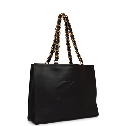 Chanel Cc Chain Shopping Tote Bag Black Lambskin Gold Hardware