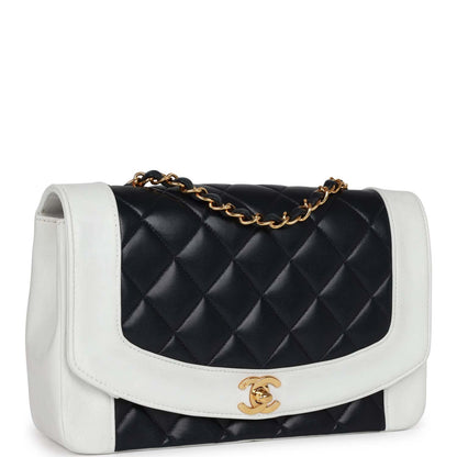 Chanel Small Diana Flap Bag White And Navy Lambskin Gold Hardware