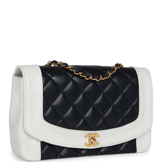 Chanel Small Diana Flap Bag White And Navy Lambskin Gold Hardware