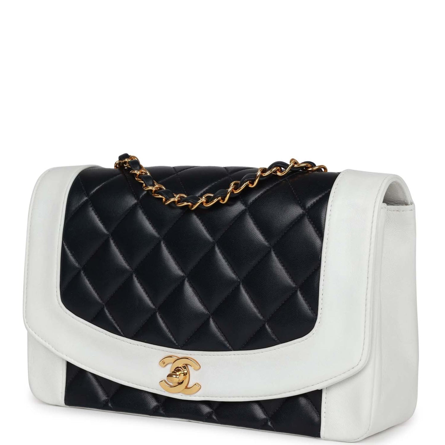 Chanel Small Diana Flap Bag White And Navy Lambskin Gold Hardware