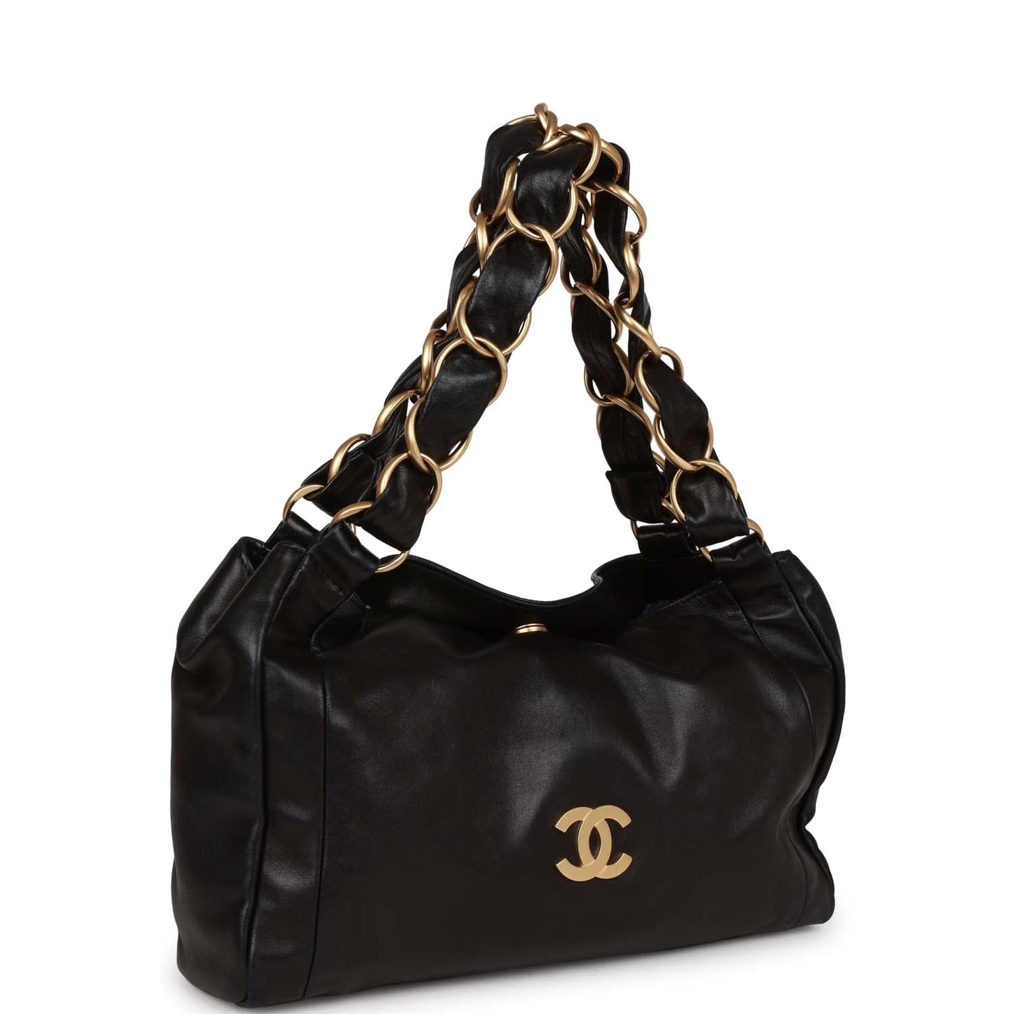 Chanel Olsen Hobo Shoulder Bag Black Lambskin Brushed Gold Hardware