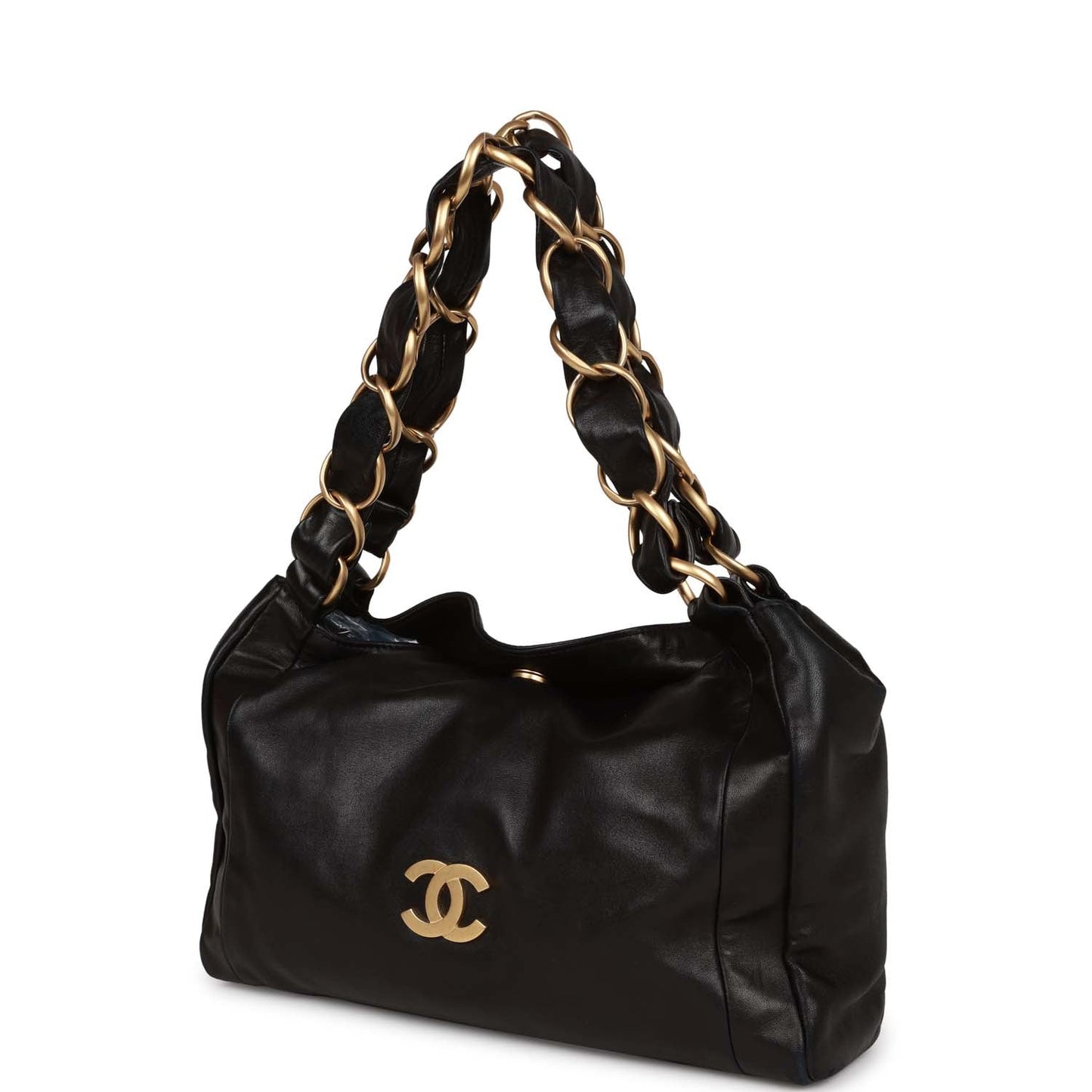 Chanel Olsen Hobo Shoulder Bag Black Lambskin Brushed Gold Hardware