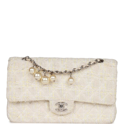 Chanel Medium Double Flap Bag White Tweed Silver Hardware