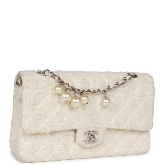 Chanel Medium Double Flap Bag White Tweed Silver Hardware