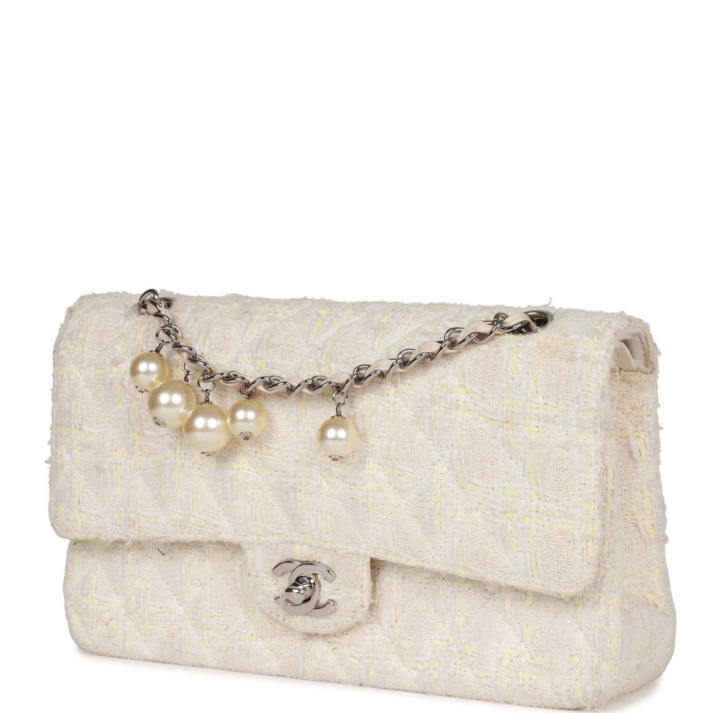 Chanel Medium Double Flap Bag White Tweed Silver Hardware
