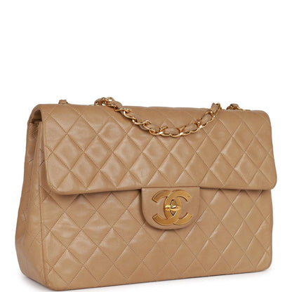 Chanel Xl Maxi Flap Bag Beige Lambskin Gold Hardware
