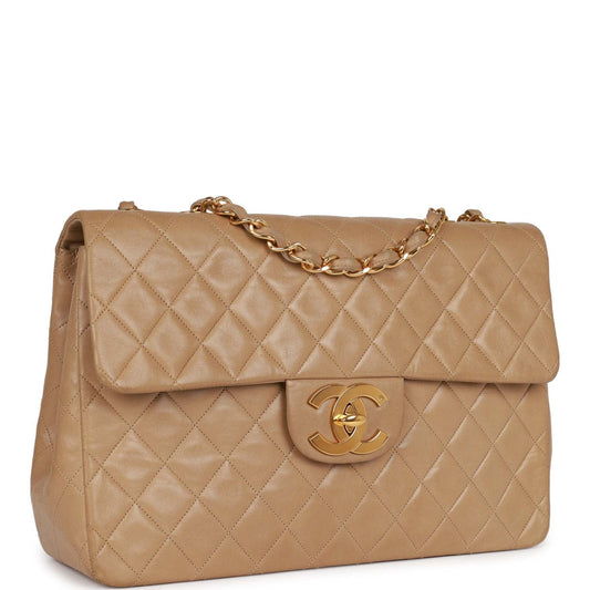 Chanel Xl Maxi Flap Bag Beige Lambskin Gold Hardware