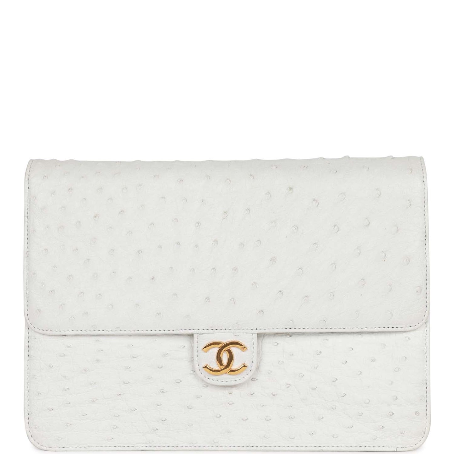 Chanel Single Flap Bag White Ostrich Gold Hardware