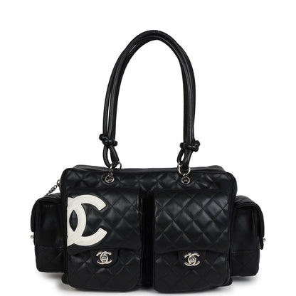 Chanel Large Cambon Ligne Reporter Bag Black And White Lambskin Silver Hardware