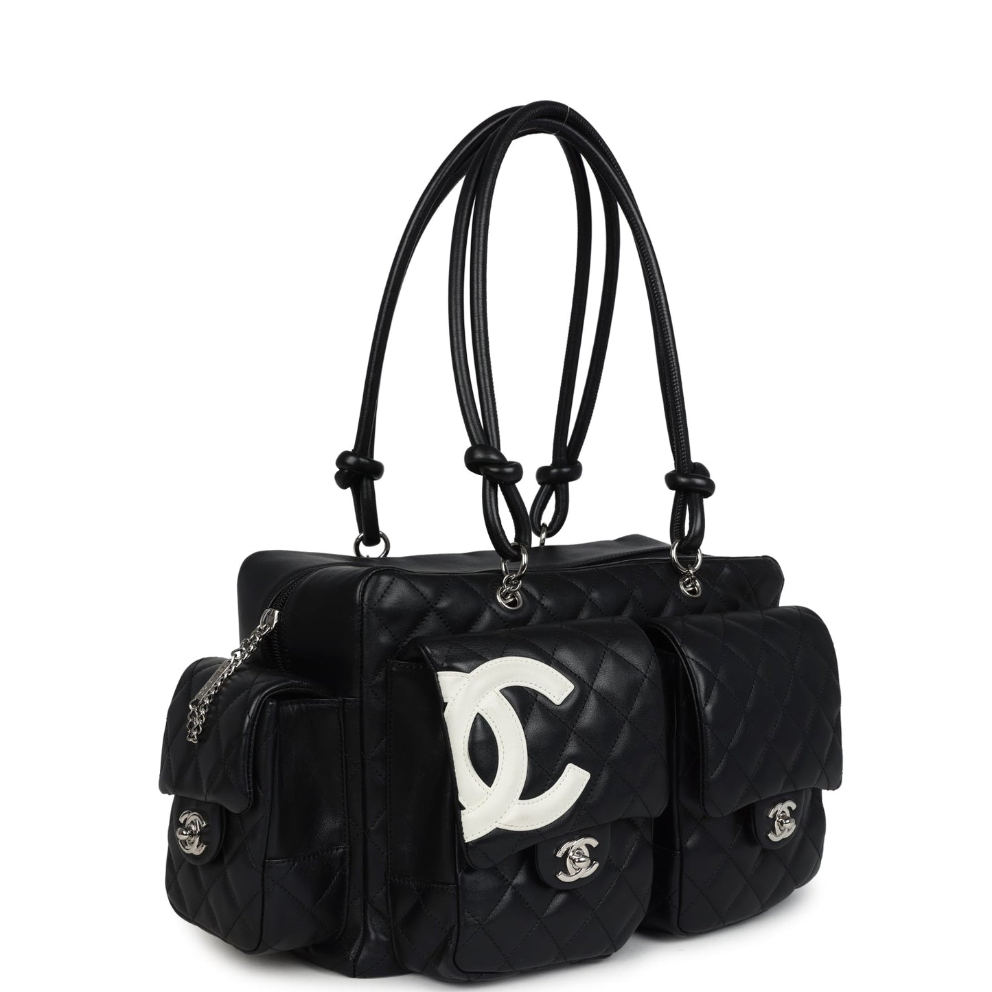 Chanel Large Cambon Ligne Reporter Bag Black And White Lambskin Silver Hardware