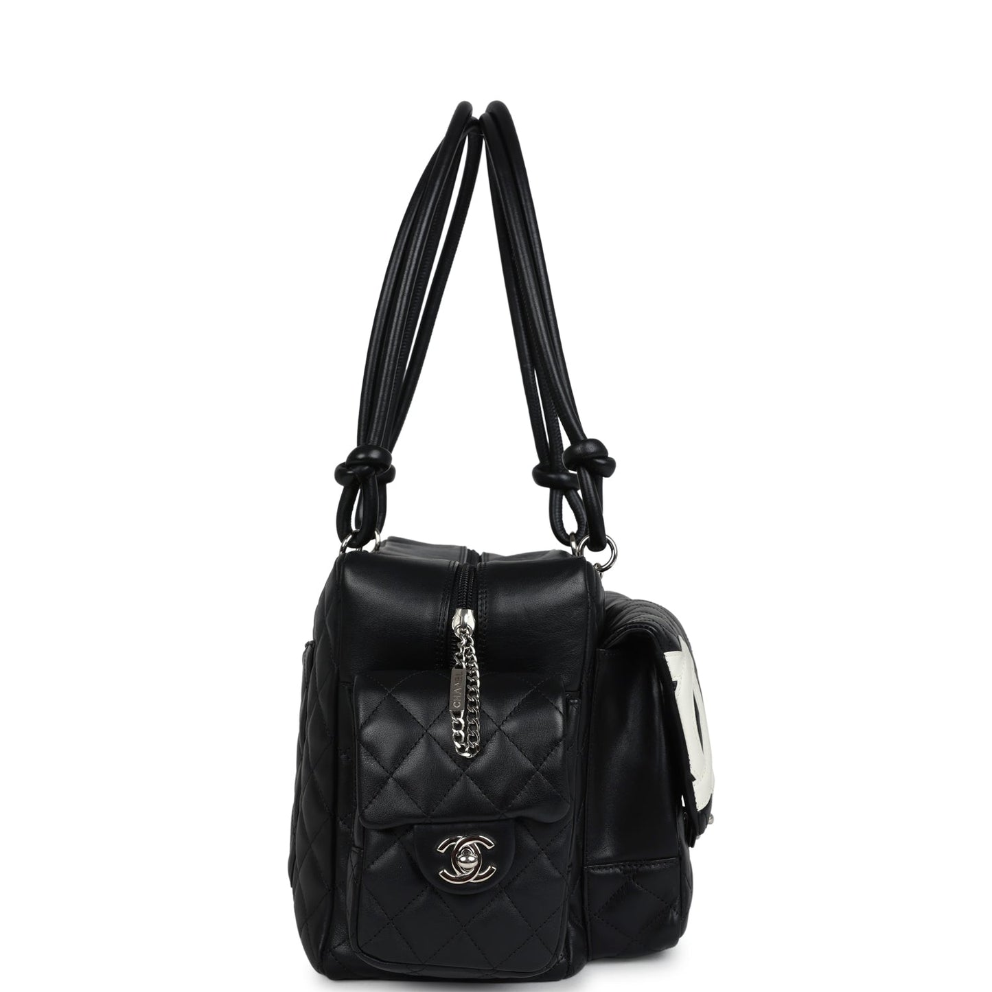 Chanel Large Cambon Ligne Reporter Bag Black And White Lambskin Silver Hardware