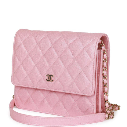 Chanel Square Wallet On Chain WOC Iridescent Pink Caviar Light Gold Hardware