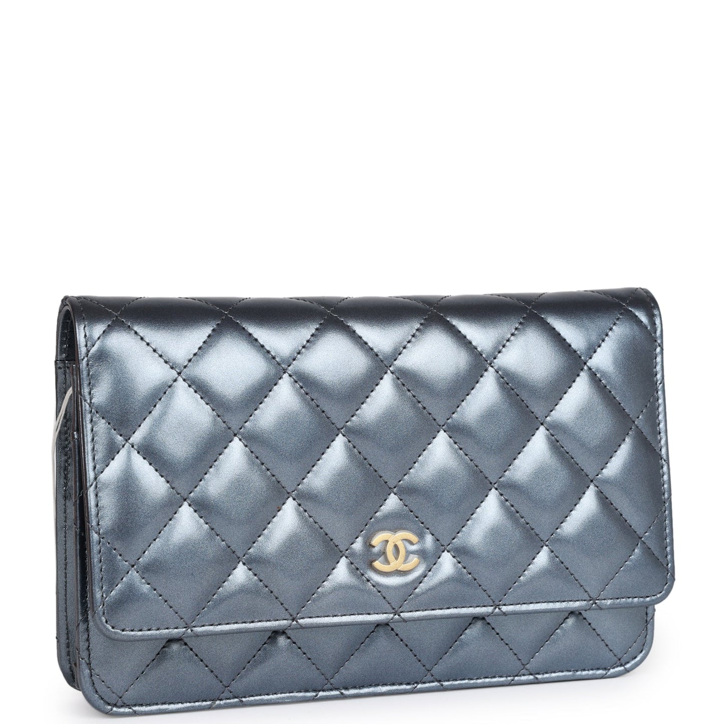 Chanel Wallet On Chain WOC Dark Blue Iridescent Calfskin Antique Gold Hardware