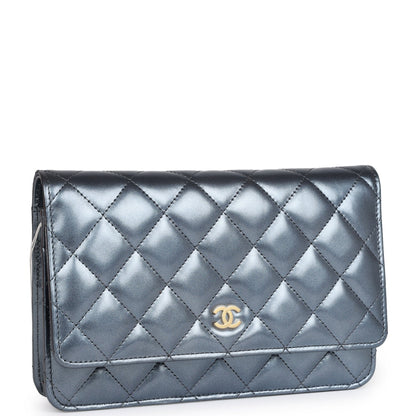 Chanel Wallet On Chain WOC Dark Blue Iridescent Calfskin Antique Gold Hardware