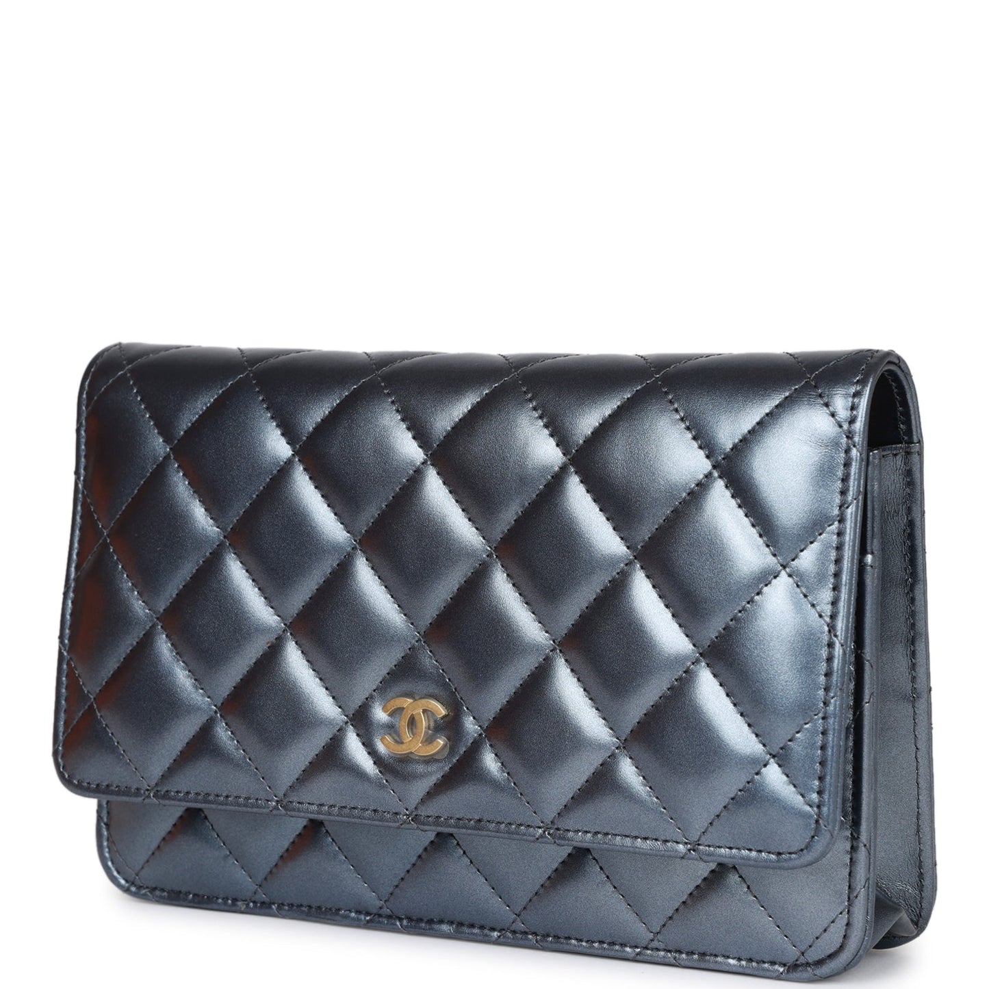 Chanel Wallet On Chain WOC Dark Blue Iridescent Calfskin Antique Gold Hardware