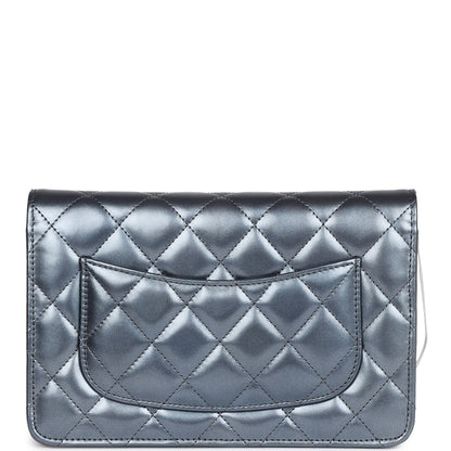 Chanel Wallet On Chain WOC Dark Blue Iridescent Calfskin Antique Gold Hardware