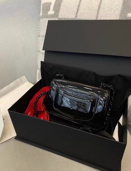 Chanel 23K Black Patent Leather Camellia Large Mini Shoulder Bag