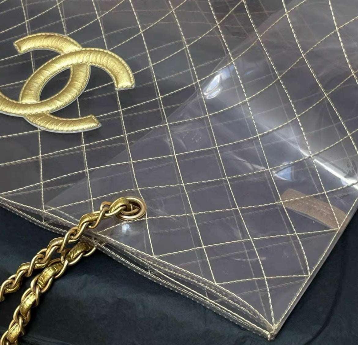 Chanel Rare 1990S Xxxl Oversized See Through Naked Gold Accent Pvc Tote