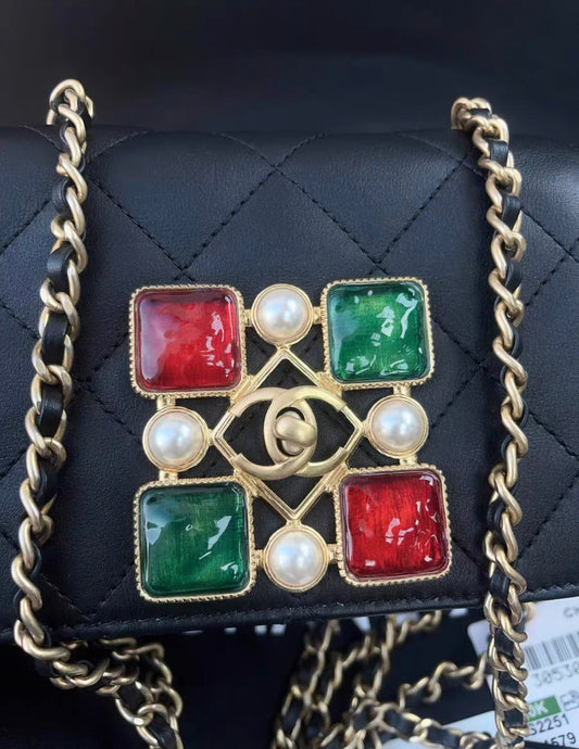 Chanel 21K Gripois Stones And Black Leather Flap