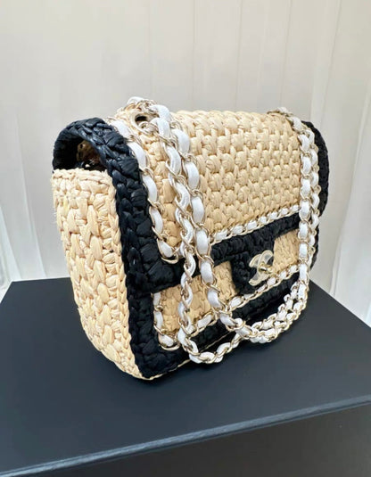 Chanel 24C Flap Bag In Black Raffia With Braided Chain