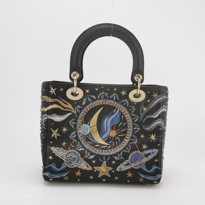 Lady Dior Medium Nature Ballet Star Embroidery Handbag Black Calfskin Leather Gold Hardware